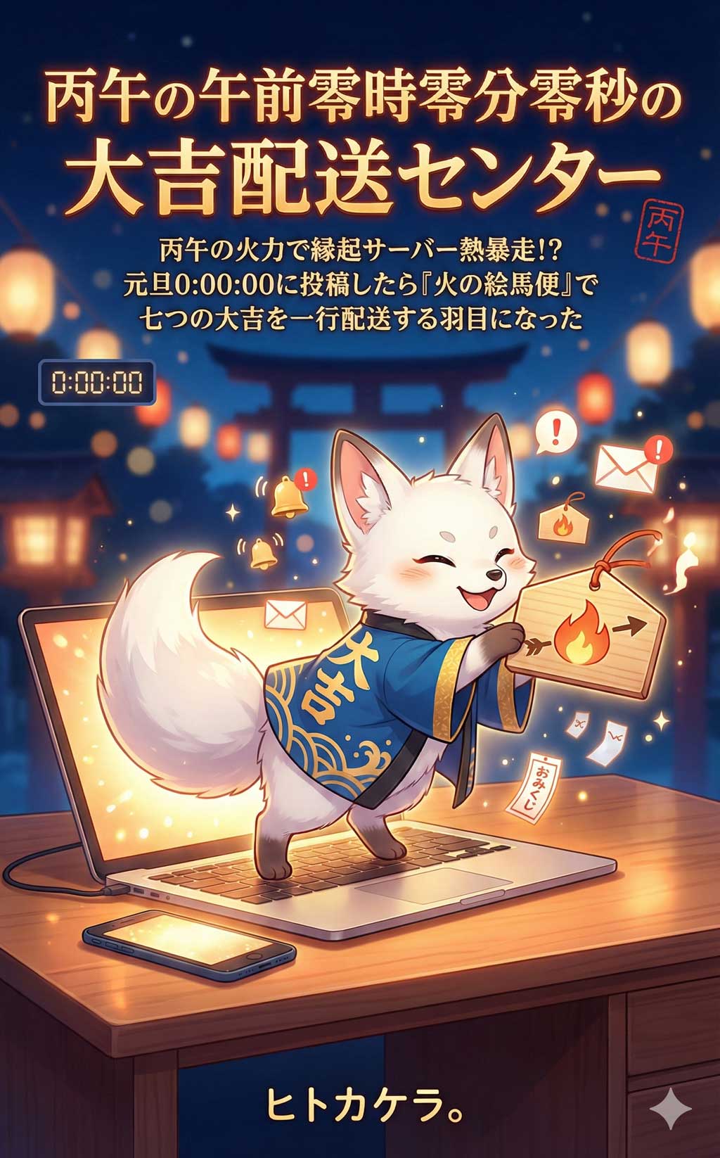 丙午の午前零時零分零秒の大吉配送センター　――丙午の火力で縁起サーバー熱暴走!?元旦0:00:00に投稿したら『火の絵馬便』で七つの大吉を一行配送する羽目になった  ー表紙